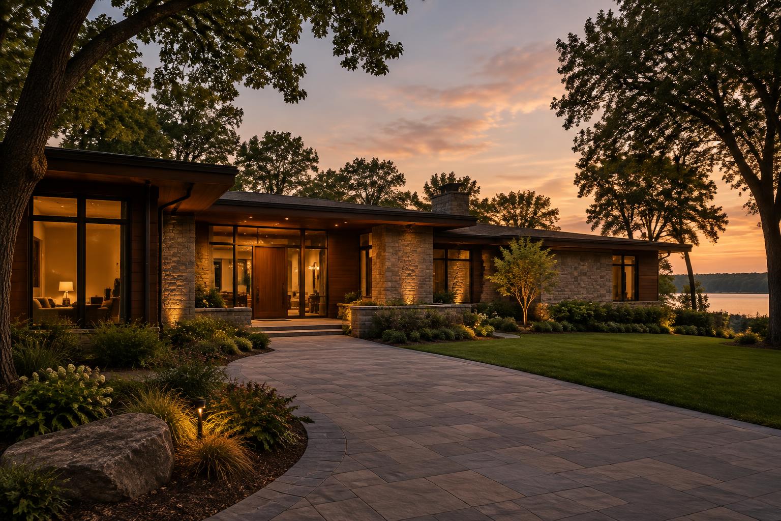 A single-story modern villa at dusk with warm light glowing in the windows